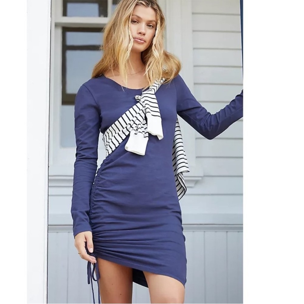 NWT Anthropologie Sundry Navy Ruched Mini Dress, Size Small (1)